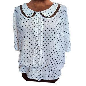 White sheer chiffon polka dot bunny print blouse Peter Pan collar size S